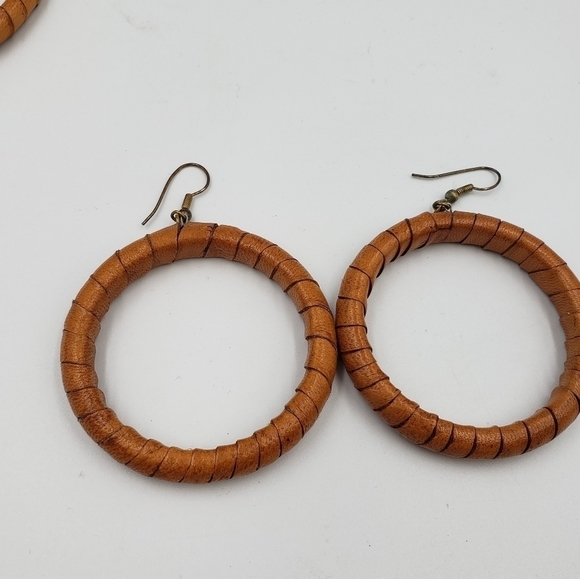 Earrings and Bracelet Rattan Faux Wood Wrapped Hoops Earthy Boho Hippie - Picture 5 of 11
